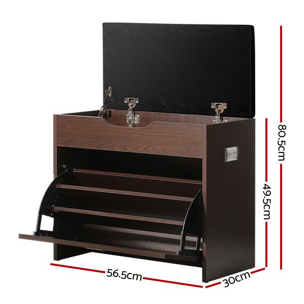 Walnut 3-Tier Shoe Rack Cabinet Bench 15 Pairs
