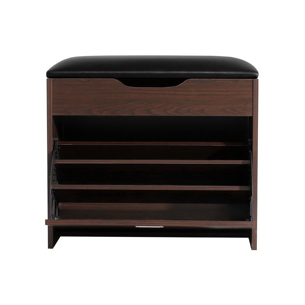 Walnut 3-Tier Shoe Rack Cabinet Bench 15 Pairs