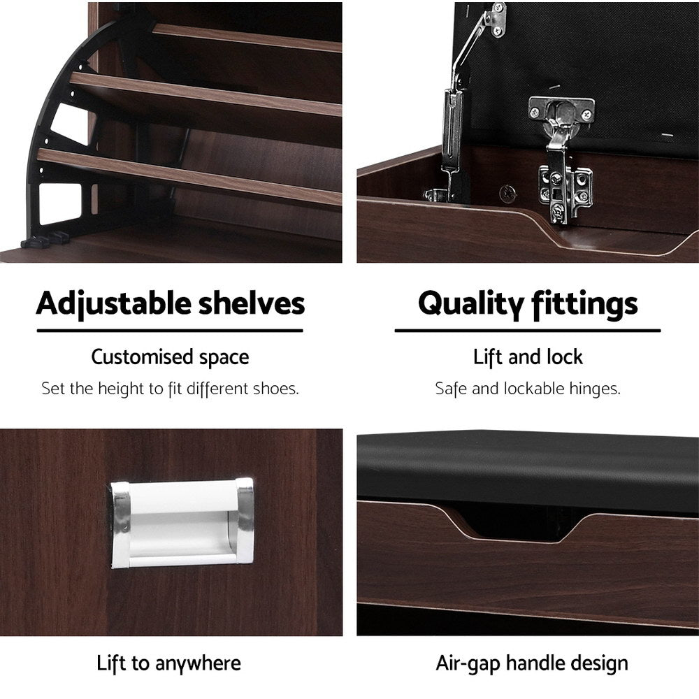 Walnut 3-Tier Shoe Rack Cabinet Bench 15 Pairs