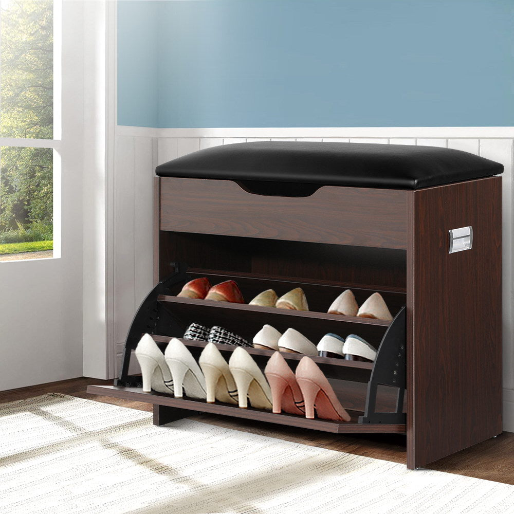 Walnut 3-Tier Shoe Rack Cabinet Bench 15 Pairs