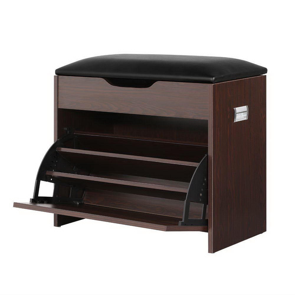 Walnut 3-Tier Shoe Rack Cabinet Bench 15 Pairs