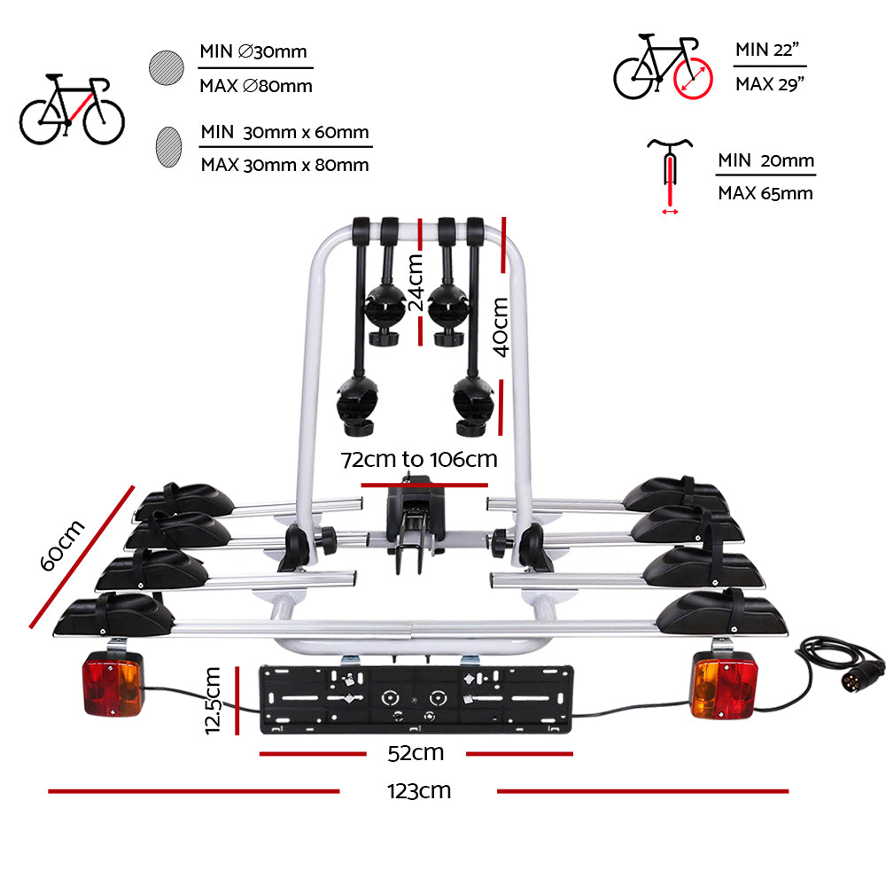 Giantz 4-Bike Carrier Rack Towbar Hitch Tail Light Silver