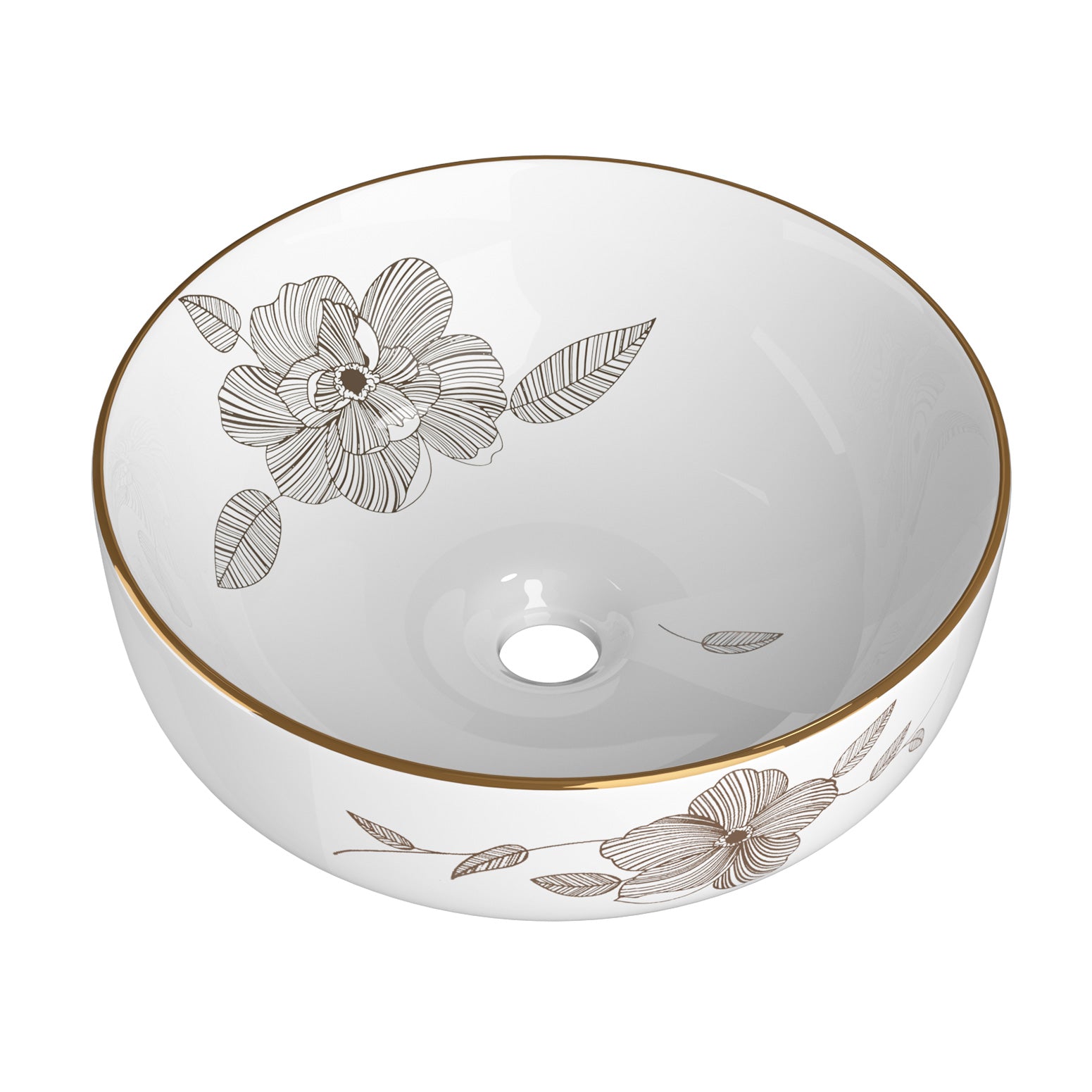 Gold Line Ceramic Vanity Basin 41cm Round Patterned White