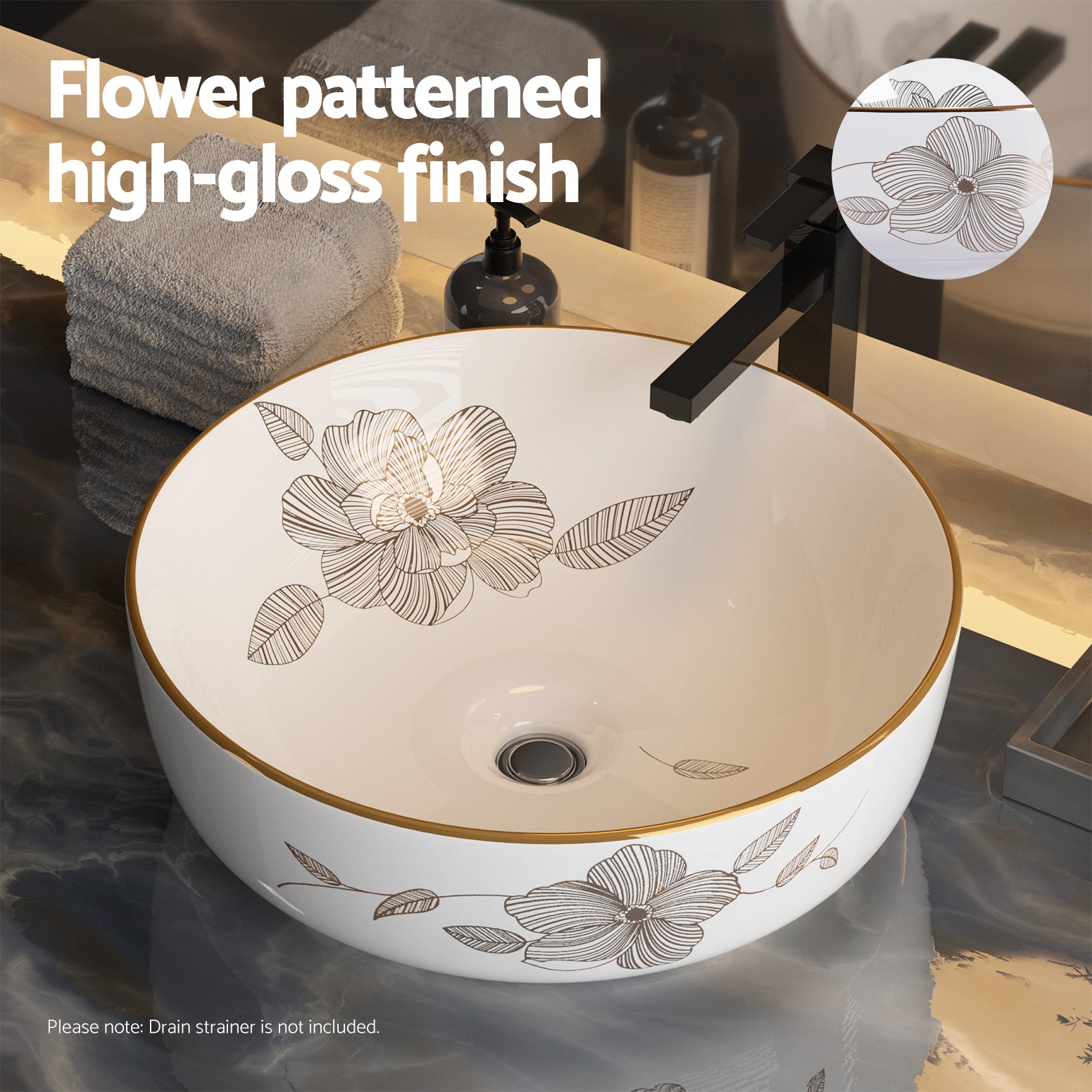 Gold Line Ceramic Vanity Basin 41cm Round Patterned White