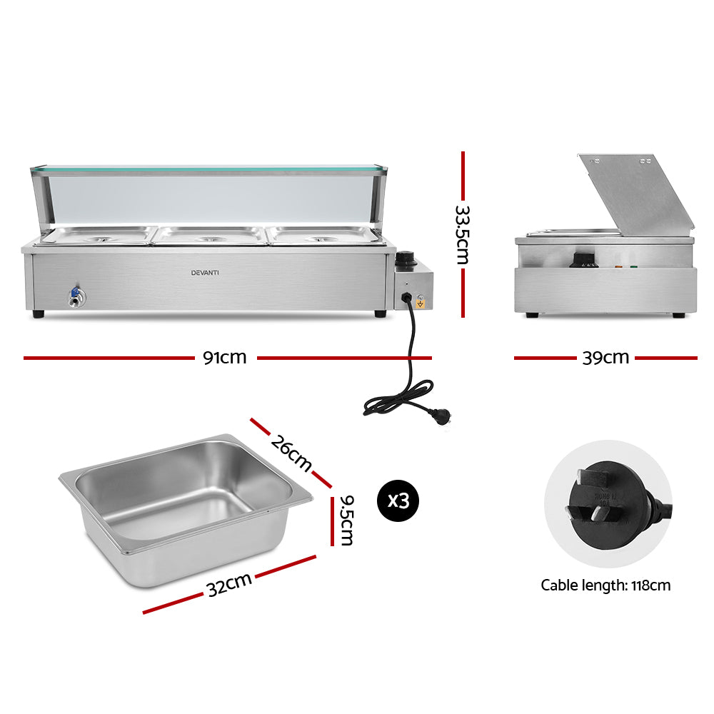 Devanti Commercial Bain Marie 3-Pan Food Warmer Electric Buffet