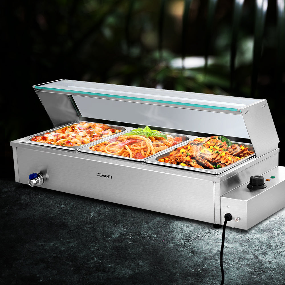 Devanti Commercial Bain Marie 3-Pan Food Warmer Electric Buffet
