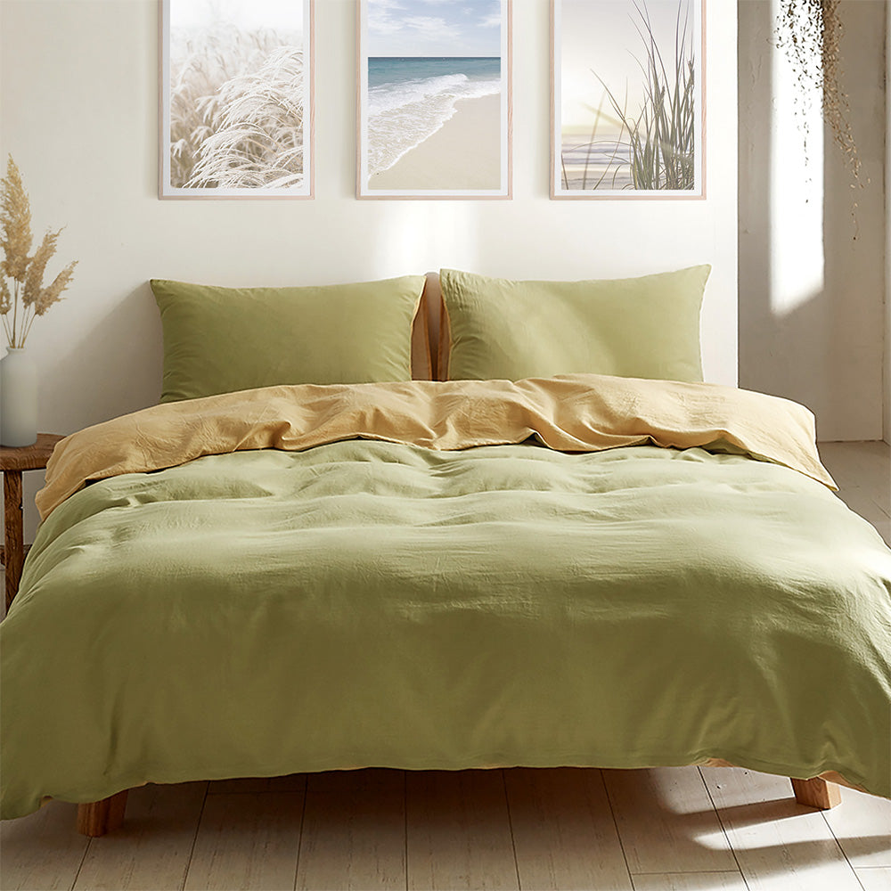 Cosy Club Double Quilt Set Washed Cotton Yellow Lime