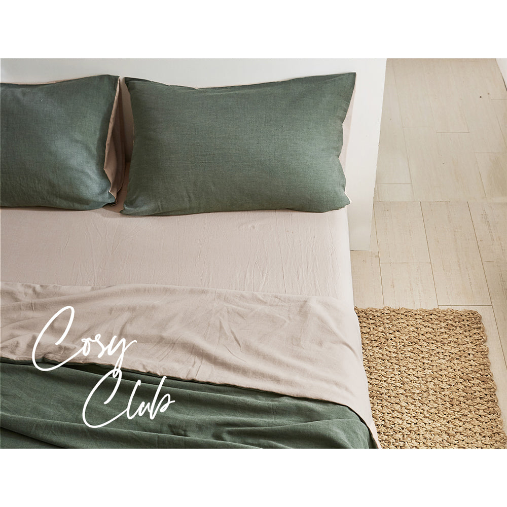 Cosy Club Double Cotton Bed Sheets Set Green Beige