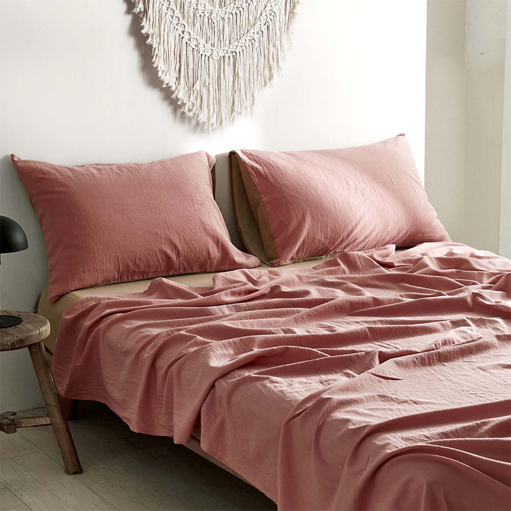 Cosy Club Double Cotton Bed Sheets Set Pink Brown