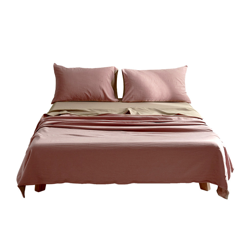 Cosy Club Double Cotton Bed Sheets Set Pink Brown