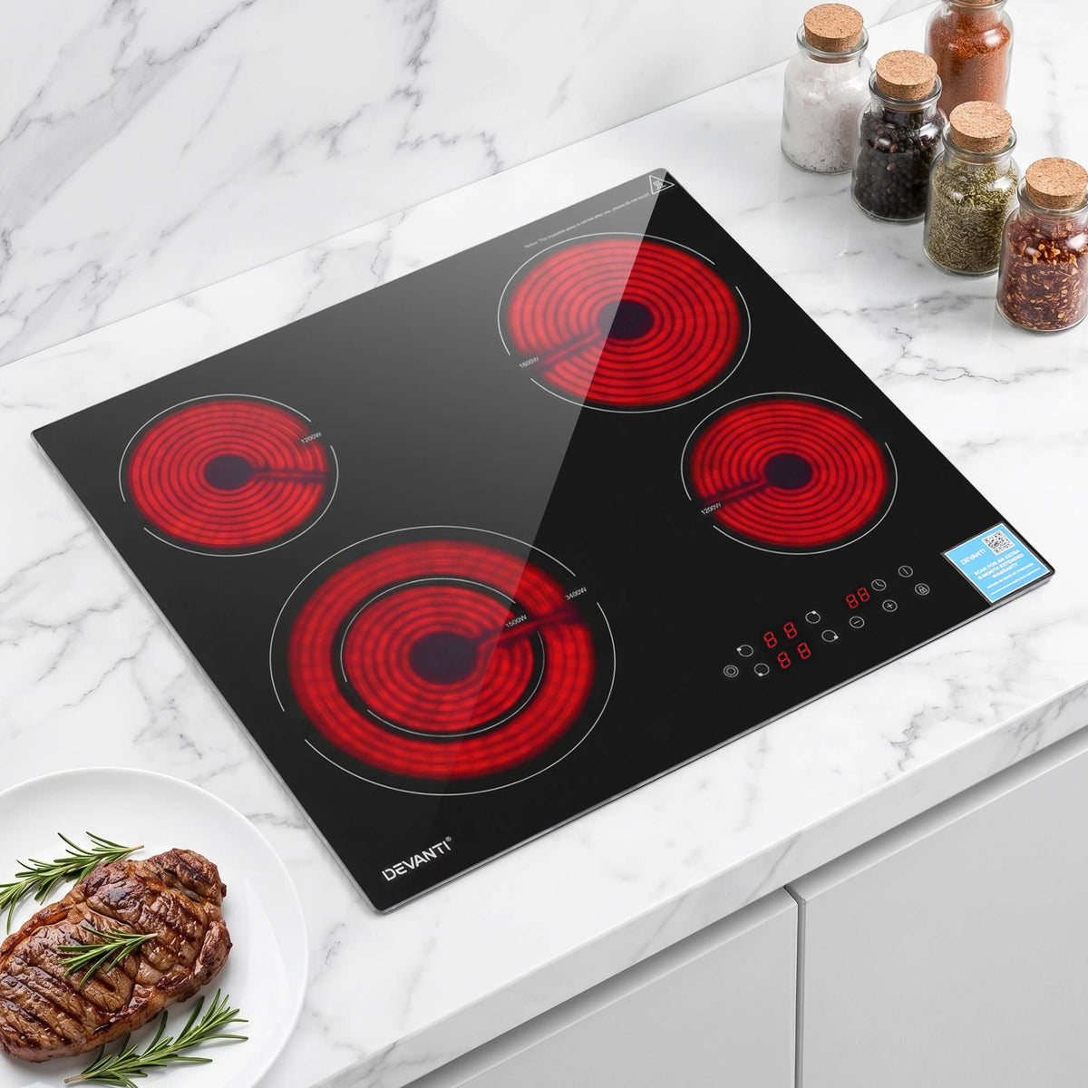 Devanti Ceramic Cooktop 5 Zone Electric Hob Touch Control 7600W Black