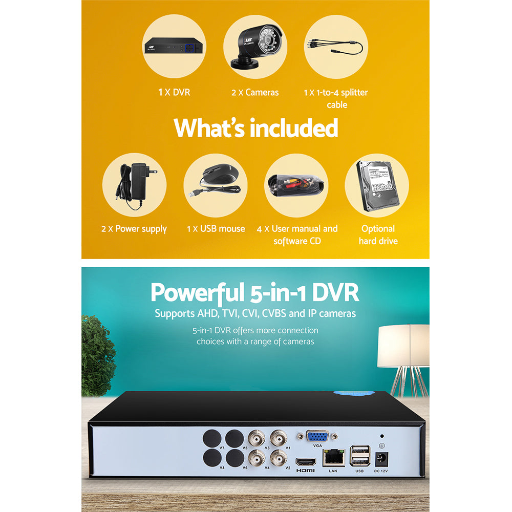 UL-Tech 4CH DVR 2TB CCTV Security System 2 Cameras 1080P Outdoor