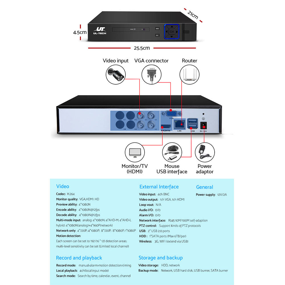 UL-Tech 4CH 1080P CCTV Security System 2 Cameras 1TB Hard Drive