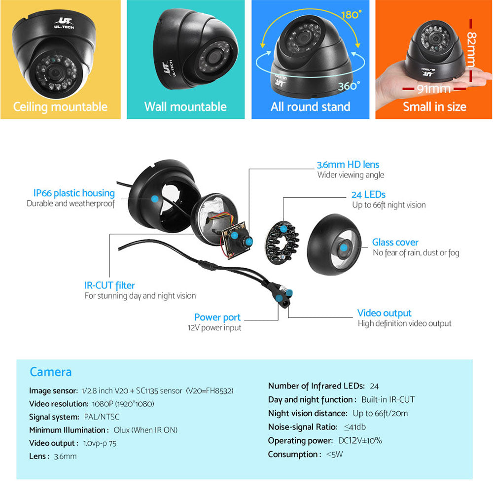 UL-Tech 4CH 1080p CCTV Security System Indoor Cameras Motion Detection