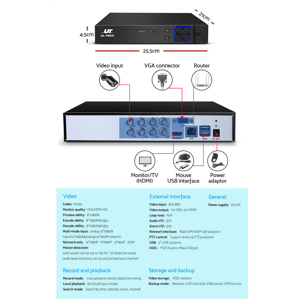 UL-Tech 8CH DVR Security System 4 Cameras 1080p