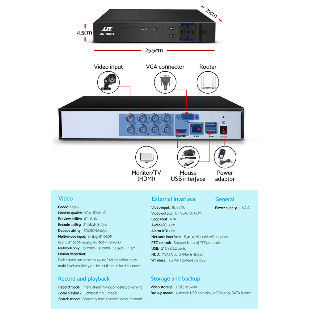 UL-Tech 8CH DVR Security System 4 Cameras 1TB Hard Drive