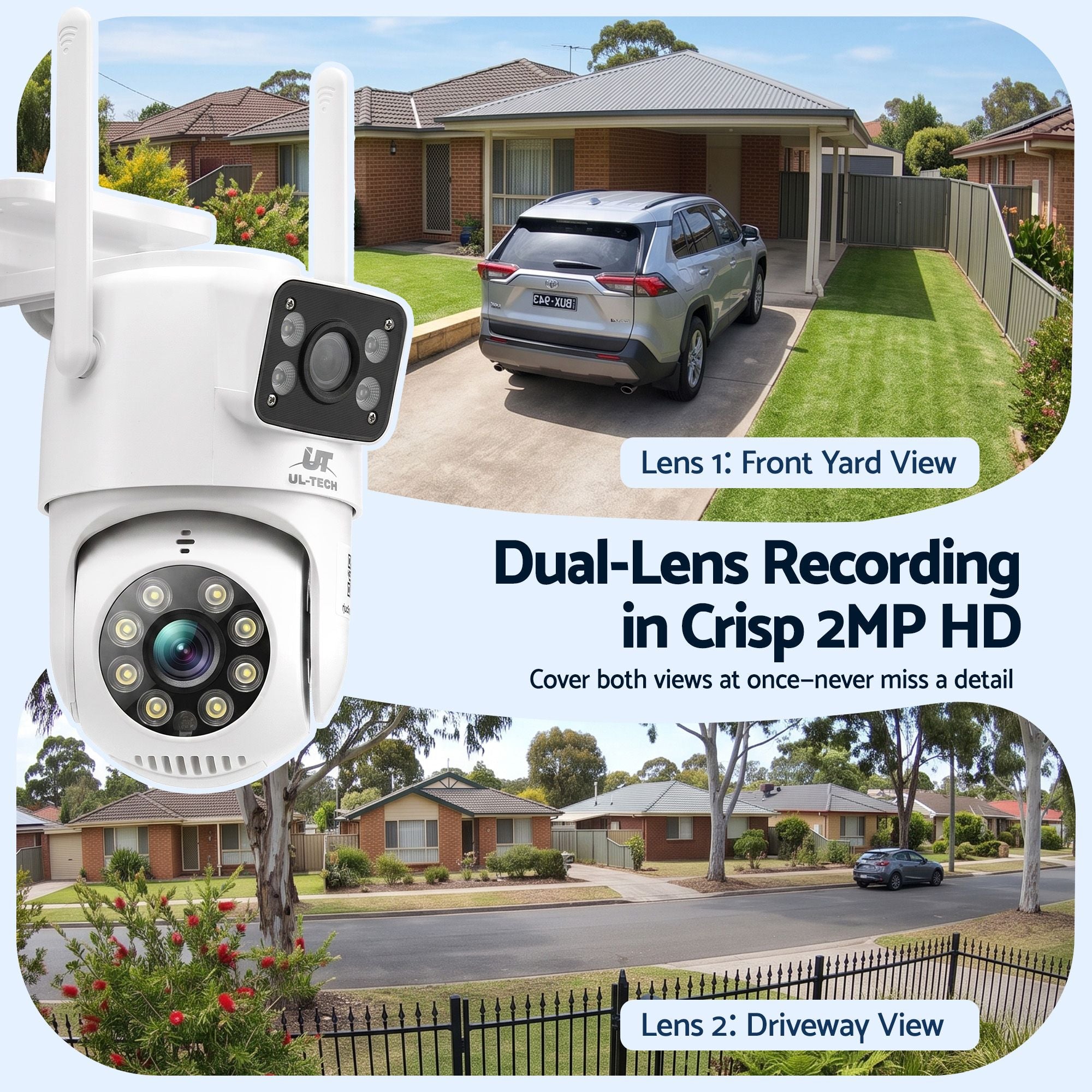 UL-Tech Wireless Security Camera Outdoor Indoor, 2.5K Dual Lens Pan Tilt, 4MP 2×2MP IP Camera, Motion Detection, Auto-Tracking, Colour Night Vision, 2.4G WiFi, Two-Way Audio, Pet Baby Surveillance