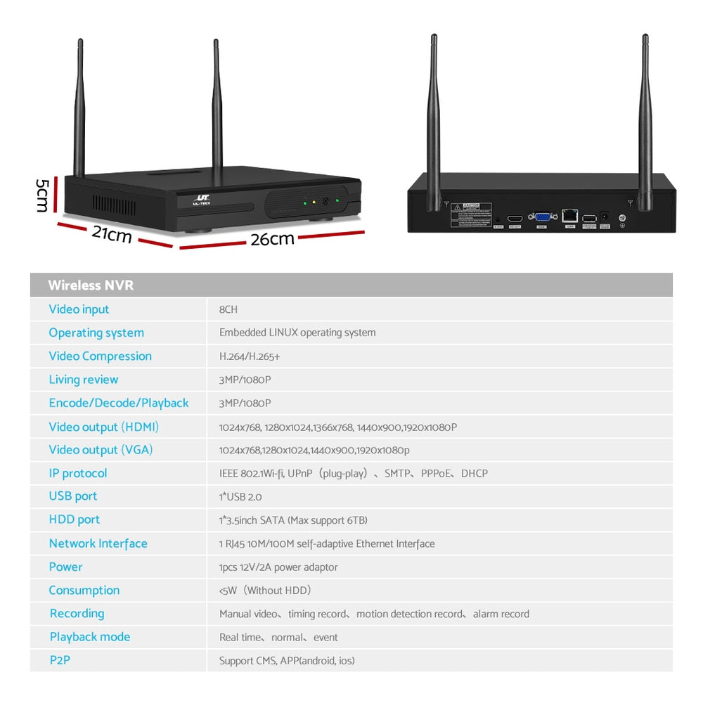 UL-tech 8CH 3MP Wireless CCTV Security System 4 Cameras 2TB