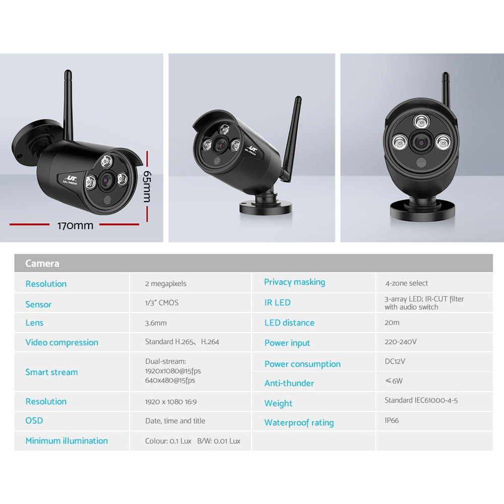 UL-Tech 8CH NVR 3MP Wireless CCTV Security System 8 Bullet Cameras 4TB