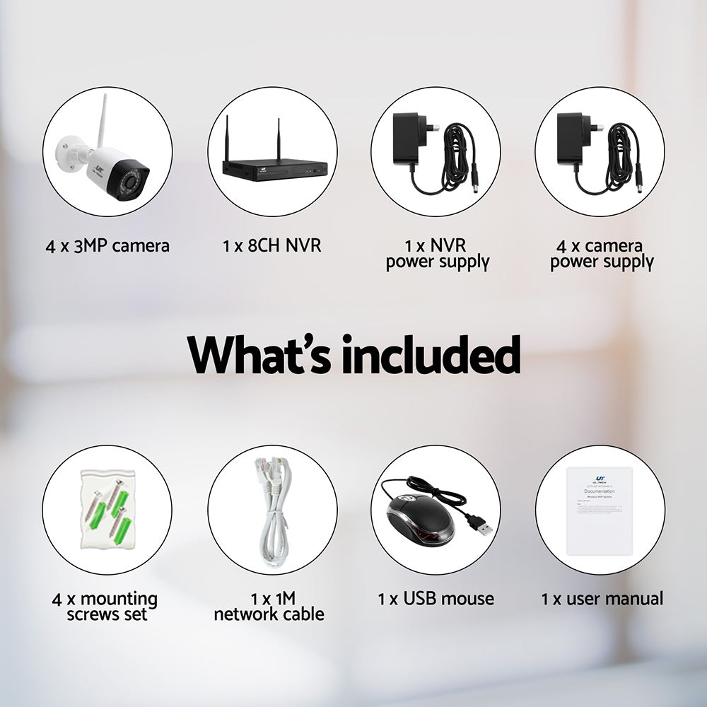 UL-tech 3MP Wireless CCTV 8CH System 4 Cameras Weatherproof