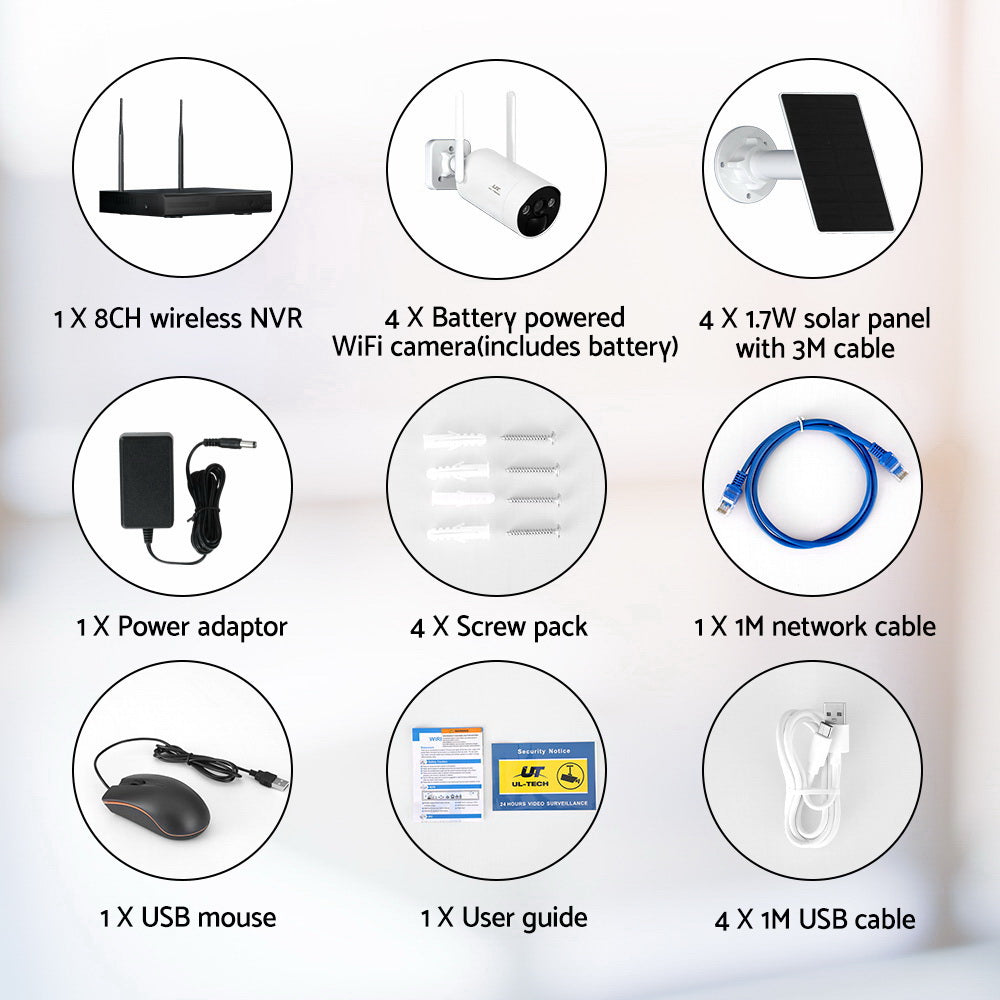 UL-tech 4MP Wireless Solar CCTV Security Cameras 8CH NVR White