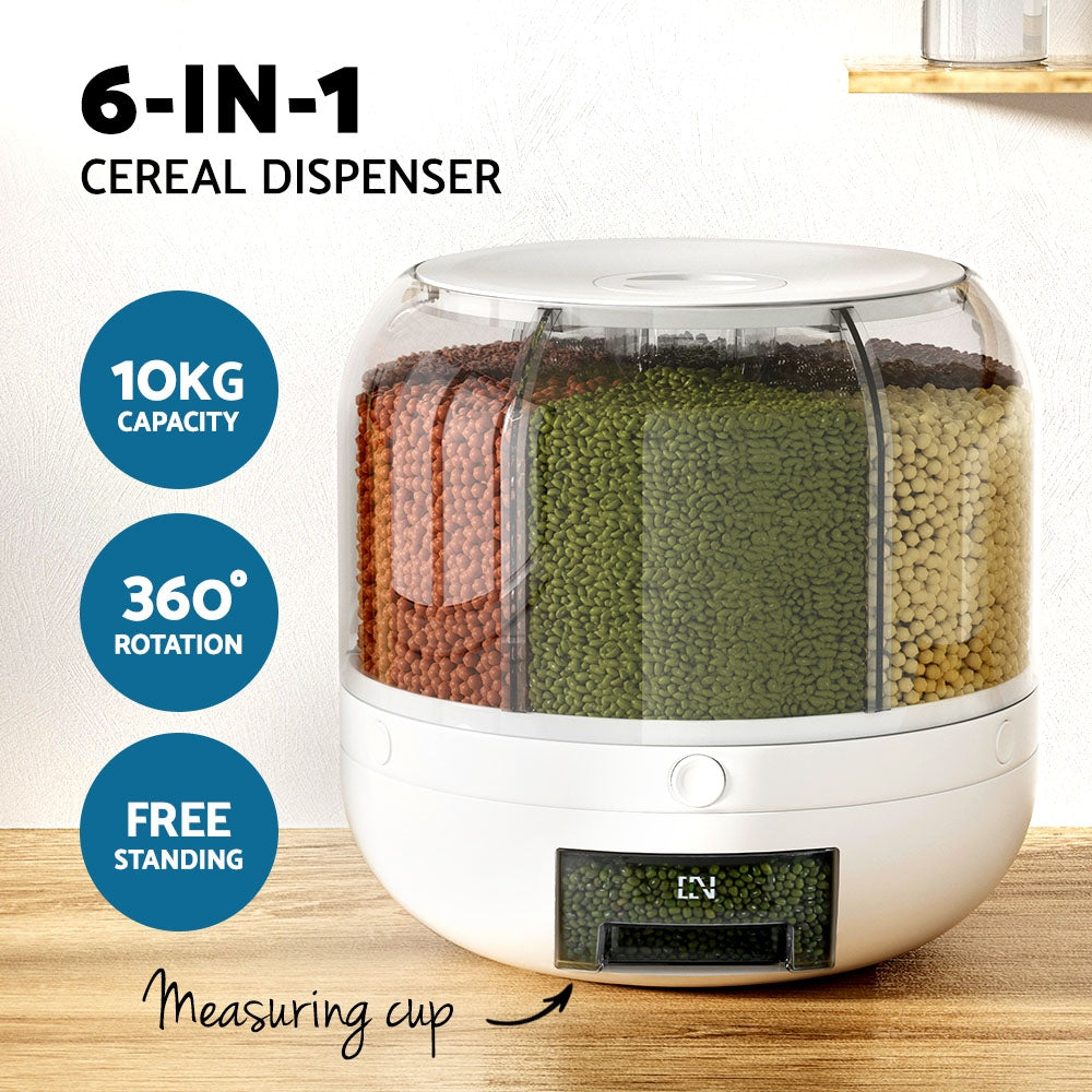 5-Star Chef 7KG Cereal Dispenser White 6-Compartment Rotatable