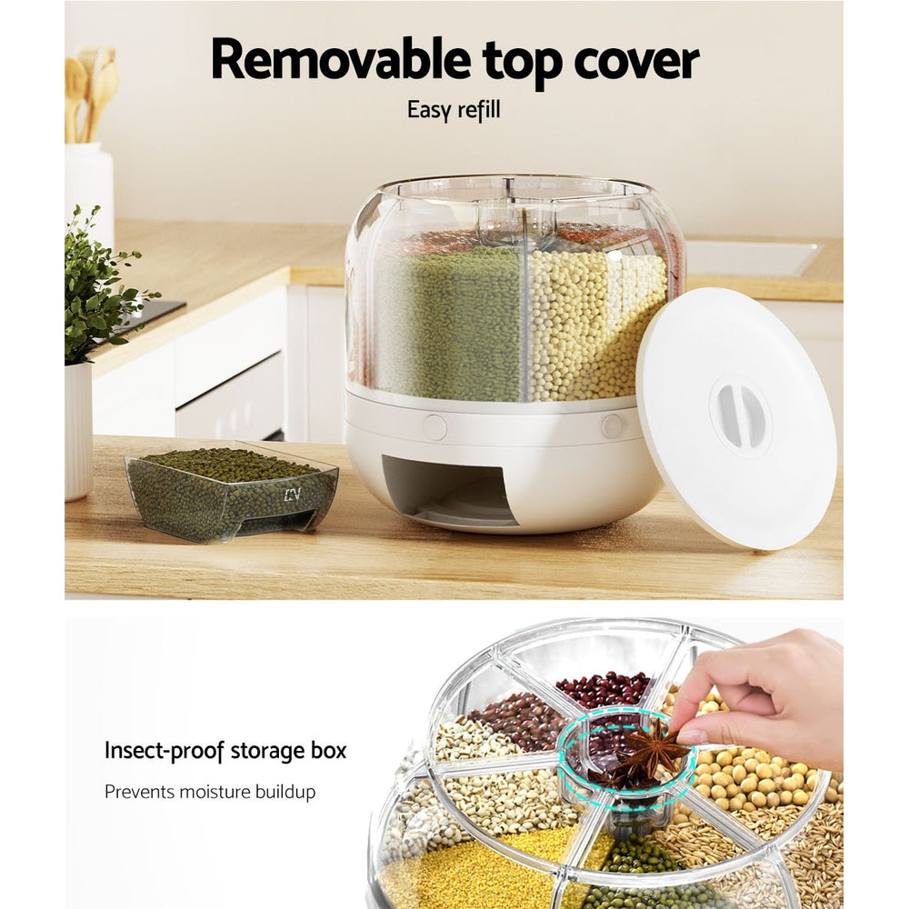 5-Star Chef 7KG Cereal Dispenser White 6-Compartment Rotatable