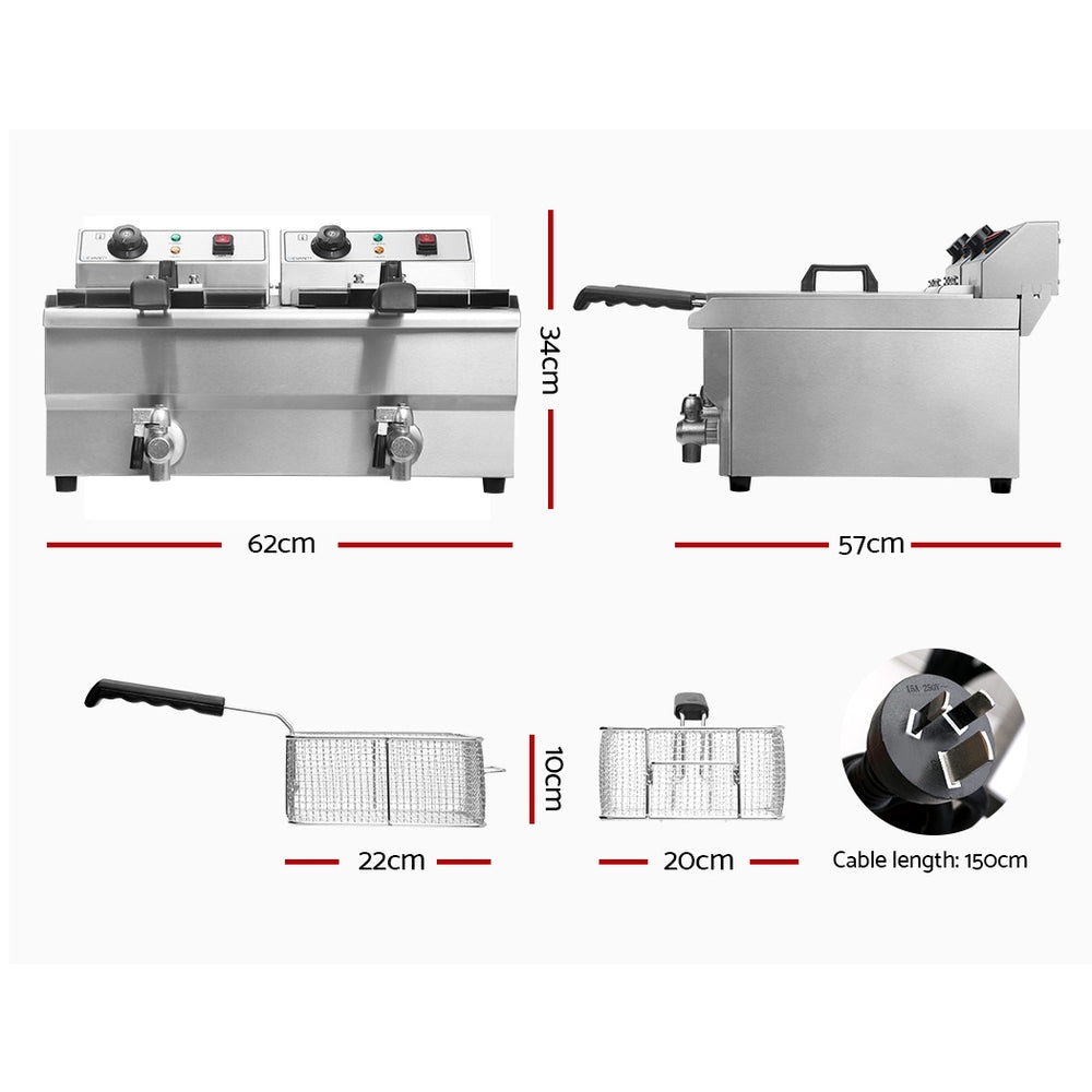 Devanti 20L Commercial Deep Fryer Double Baskets Oil Taps 6000W Silver