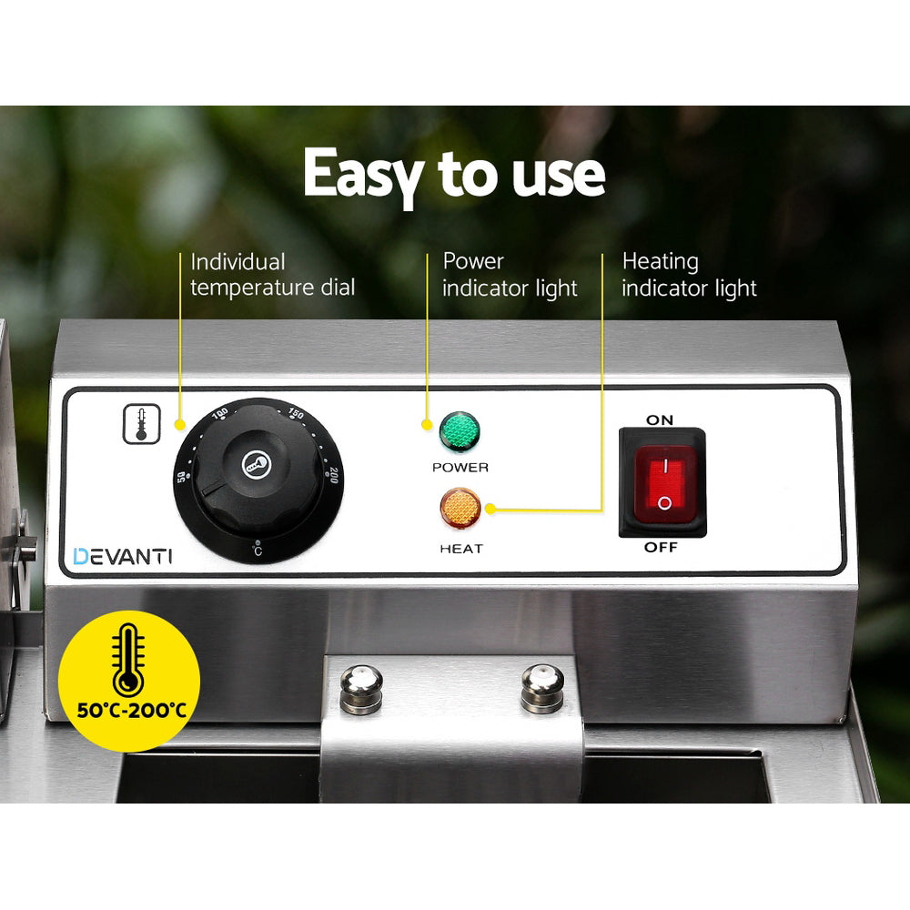 Devanti 20L Commercial Deep Fryer Double Baskets Oil Taps 6000W Silver