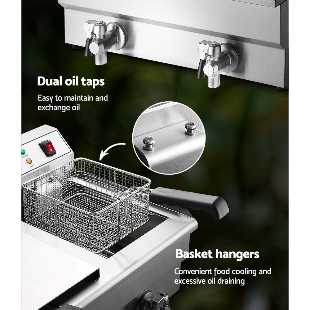 Devanti 20L Commercial Deep Fryer Double Baskets Oil Taps 6000W Silver