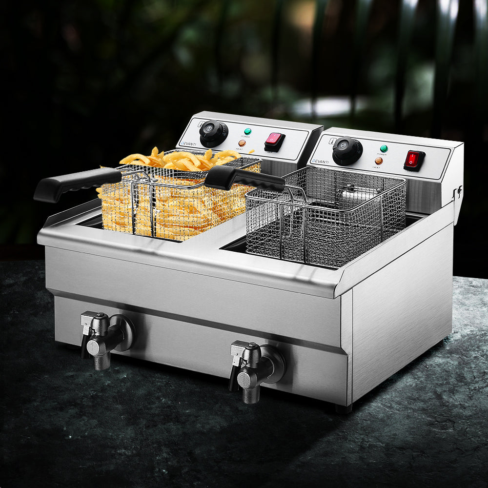 Devanti 20L Commercial Deep Fryer Double Baskets Oil Taps 6000W Silver