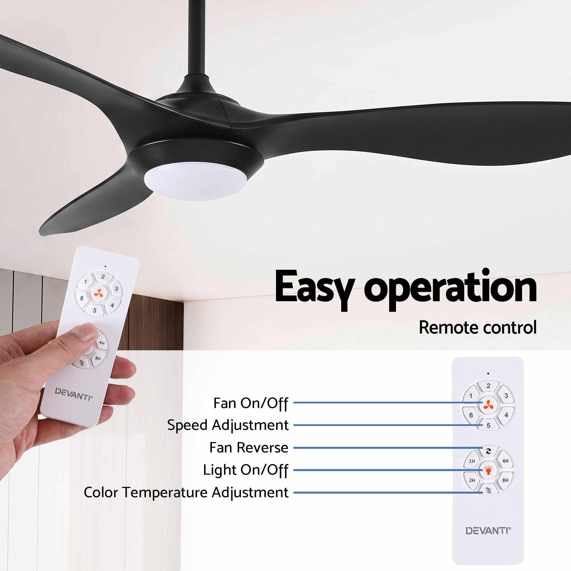 Devanti 52'' Ceiling Fan DC Motor w/Light w/Remote - Black