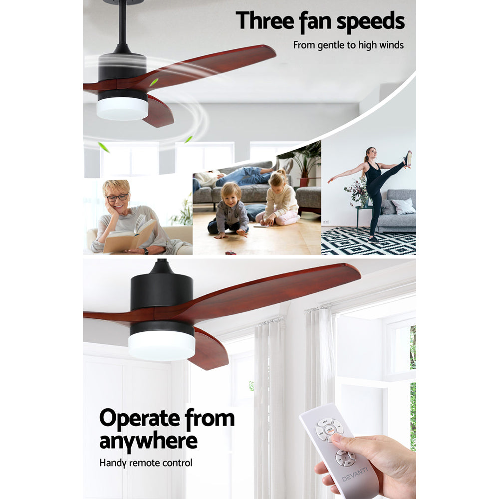 Devanti 52'' Ceiling Fan AC Motor 3 Blades LED Light Dark Wood
