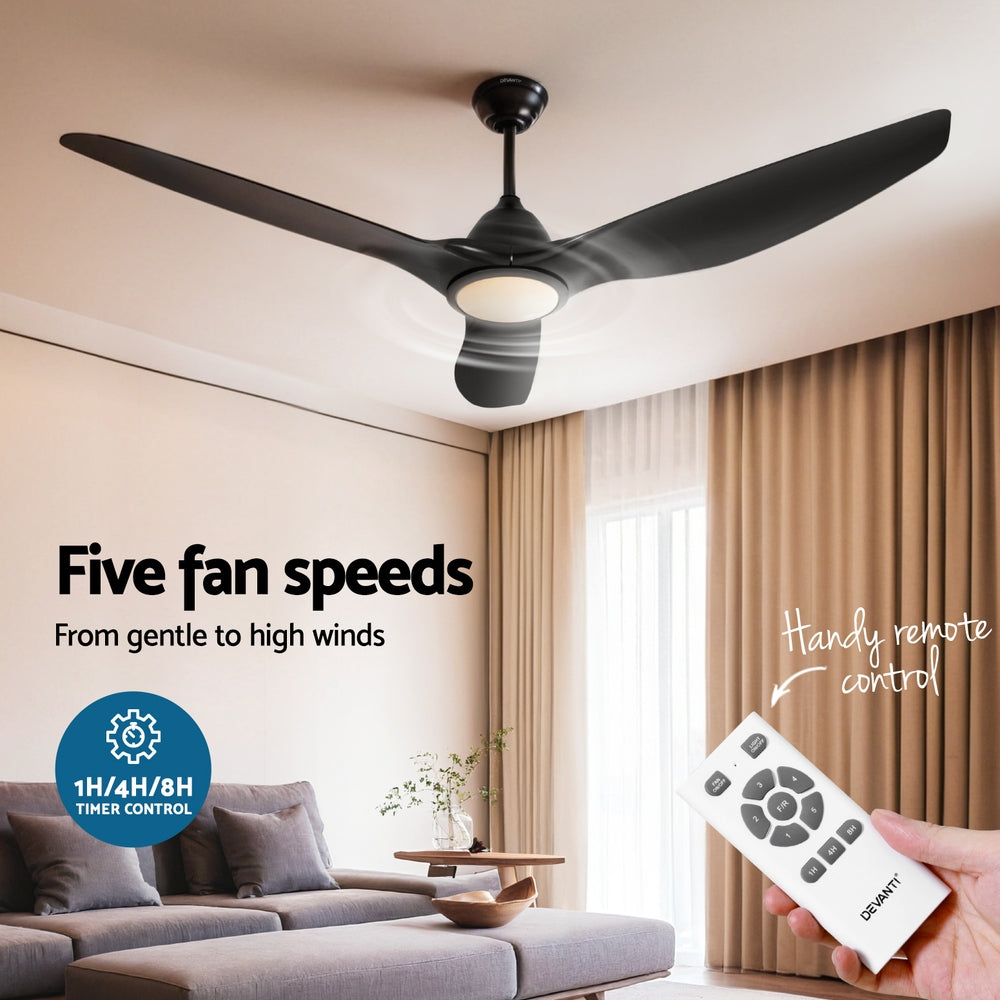 Devanti 64" Ceiling Fan DC Motor LED Light Remote Black