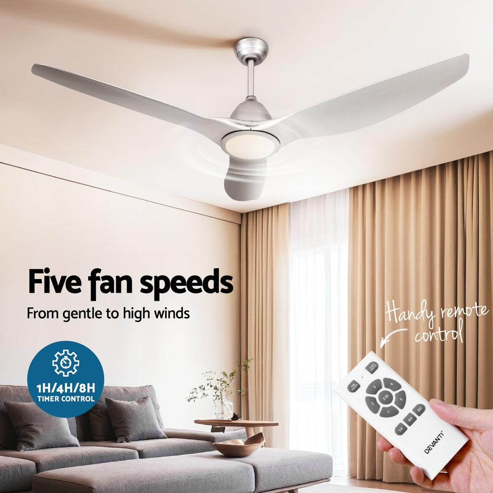 Devanti 64 Inch Ceiling Fan DC Motor LED Light Remote Silver