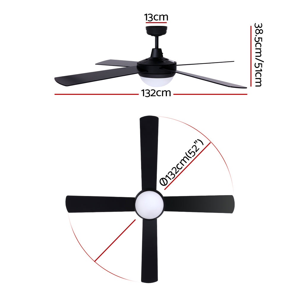 Devanti 52'' Ceiling Fan AC Motor LED Light Remote Black