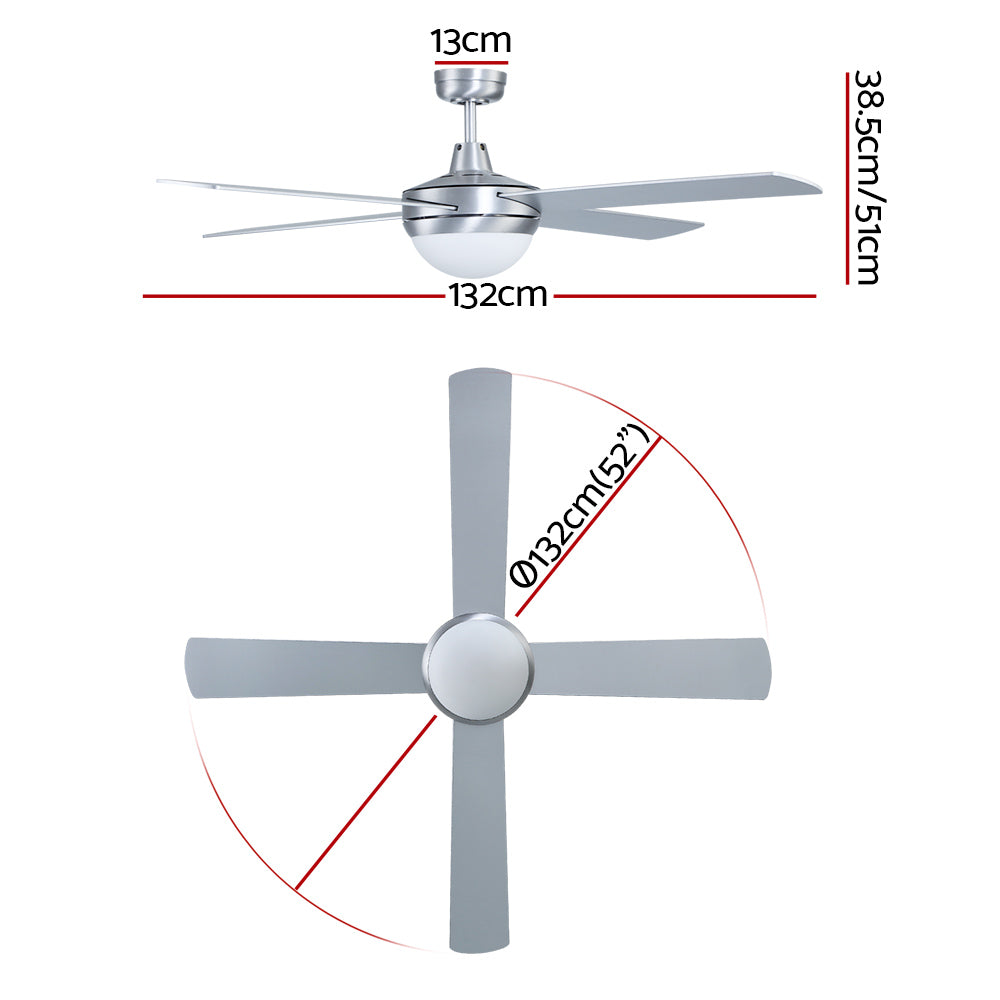 Devanti 52" Ceiling Fan AC Motor LED Light Remote Silver