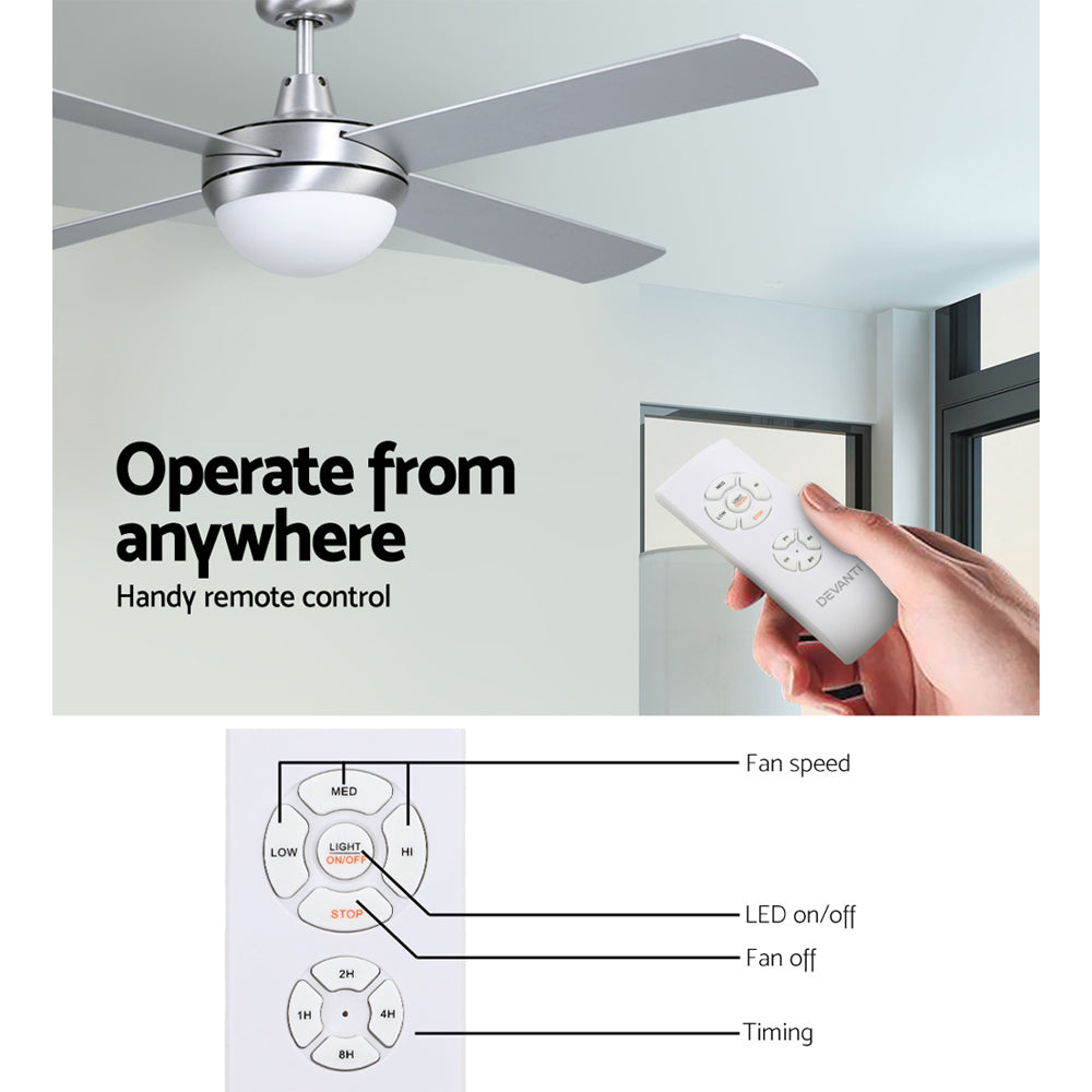Devanti 52" Ceiling Fan AC Motor LED Light Remote Silver