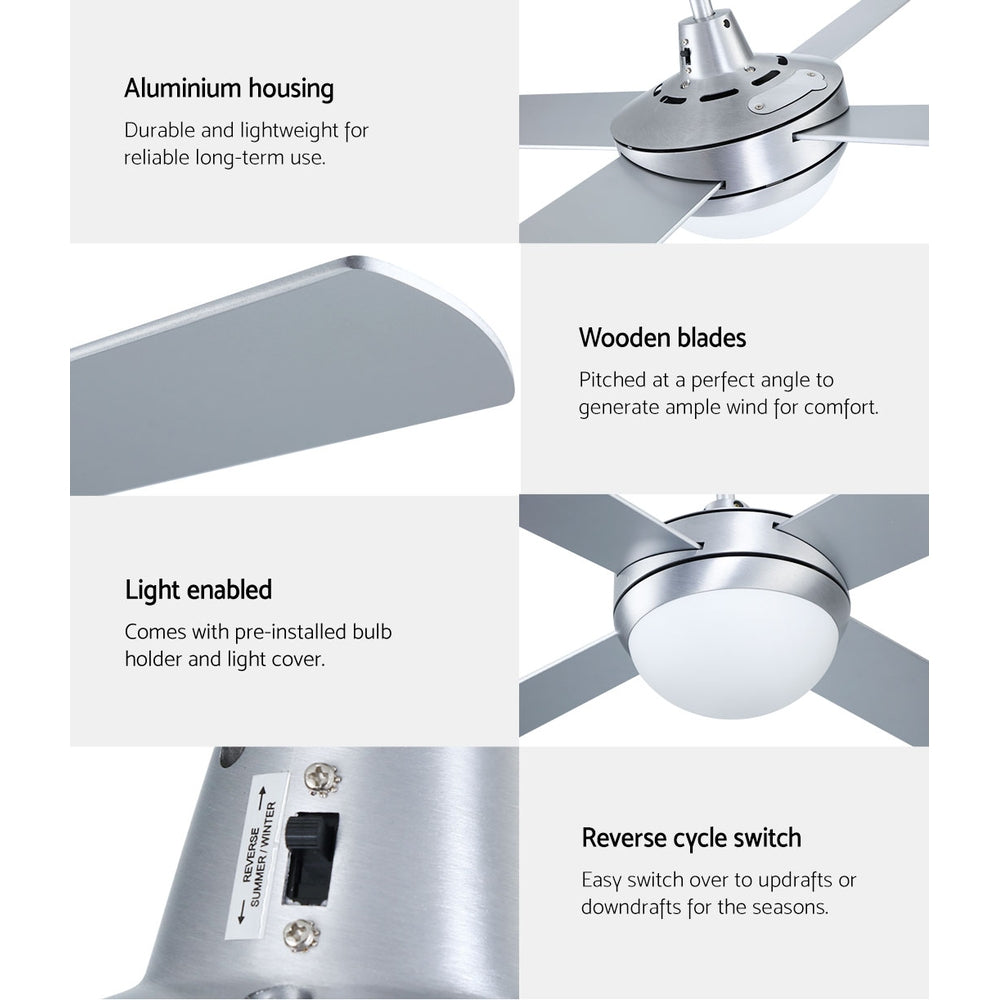 Devanti 52" Ceiling Fan AC Motor LED Light Remote Silver