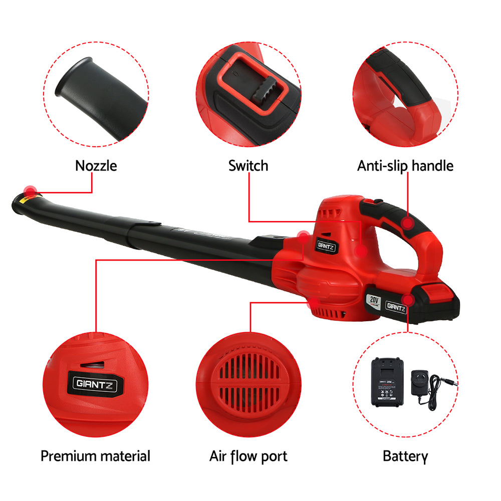 Giantz 20V Cordless Leaf Blower 2-Speed Lithium Battery Black/Red
