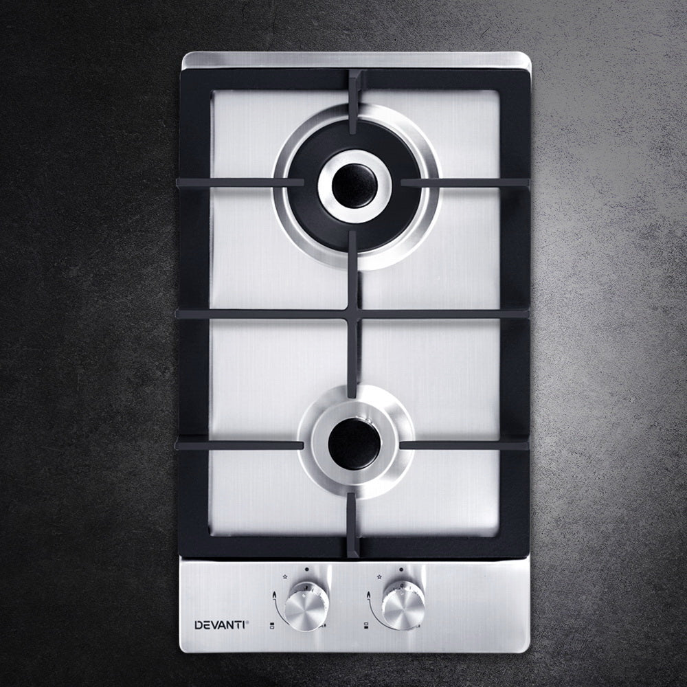 Devanti 30cm Gas Cooktop 2 Burner Built-in Silver