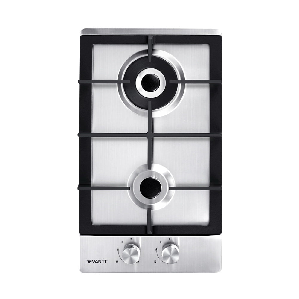 Devanti 30cm 2-Burner Gas Cooktop Stainless Steel Silver