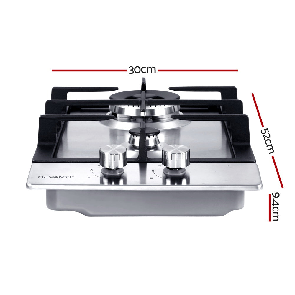 Devanti 30cm 2-Burner Gas Cooktop Stainless Steel Silver
