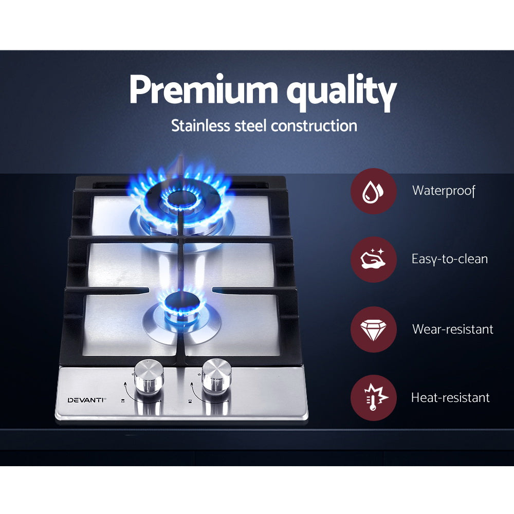 Devanti 30cm 2-Burner Gas Cooktop Stainless Steel Silver