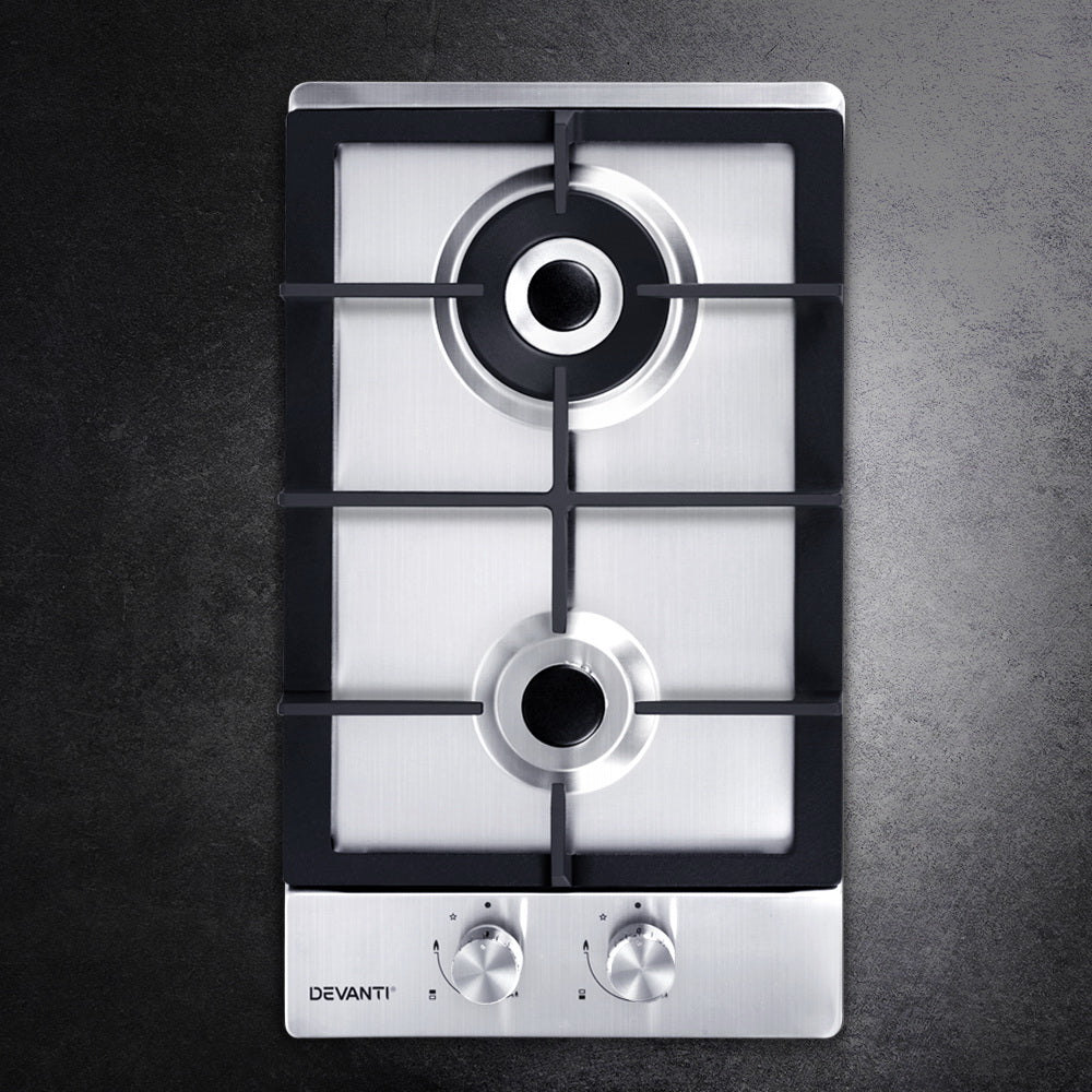 Devanti 30cm 2-Burner Gas Cooktop Stainless Steel Silver