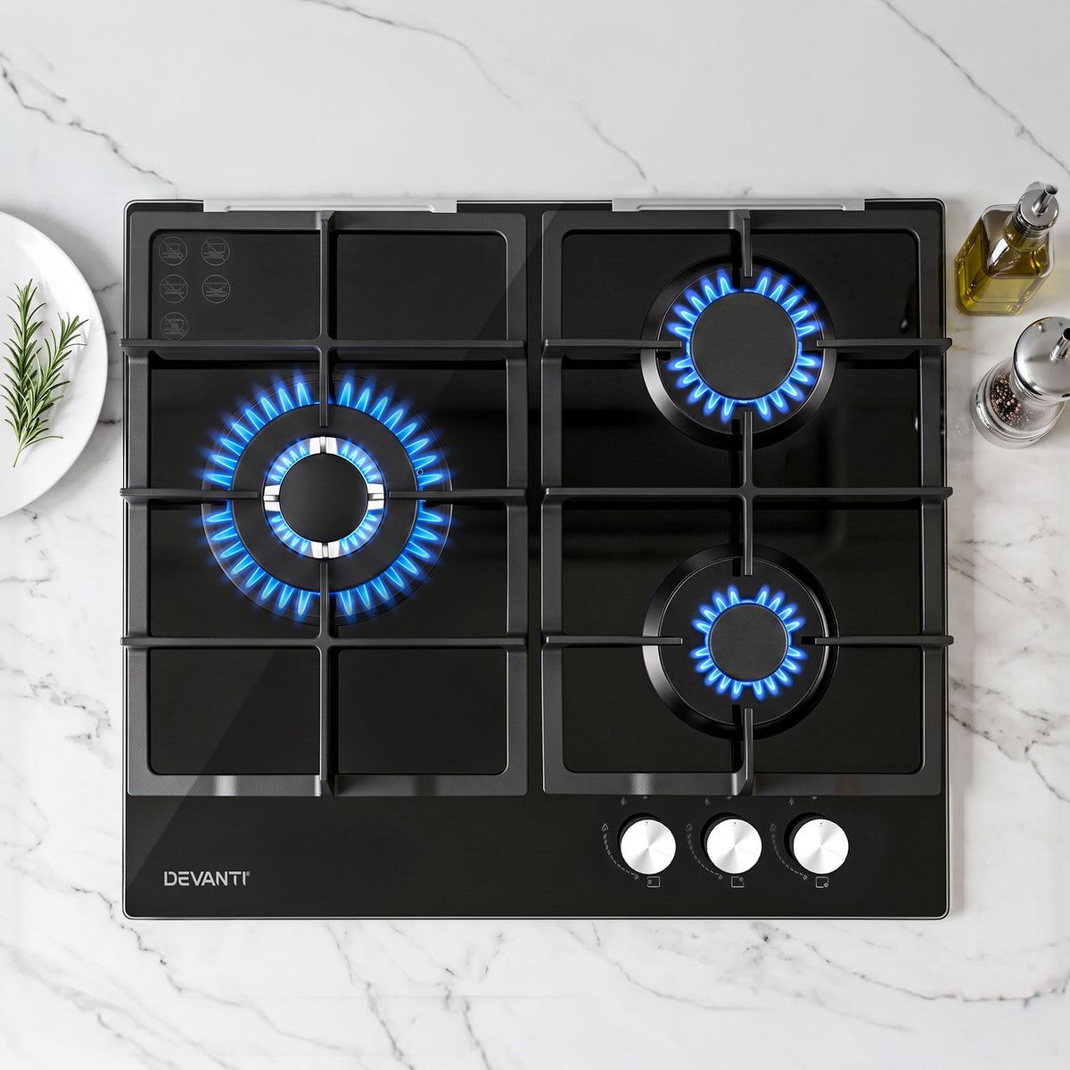 Devanti 59cm 3 Burner Built-In Gas Cooktop Black