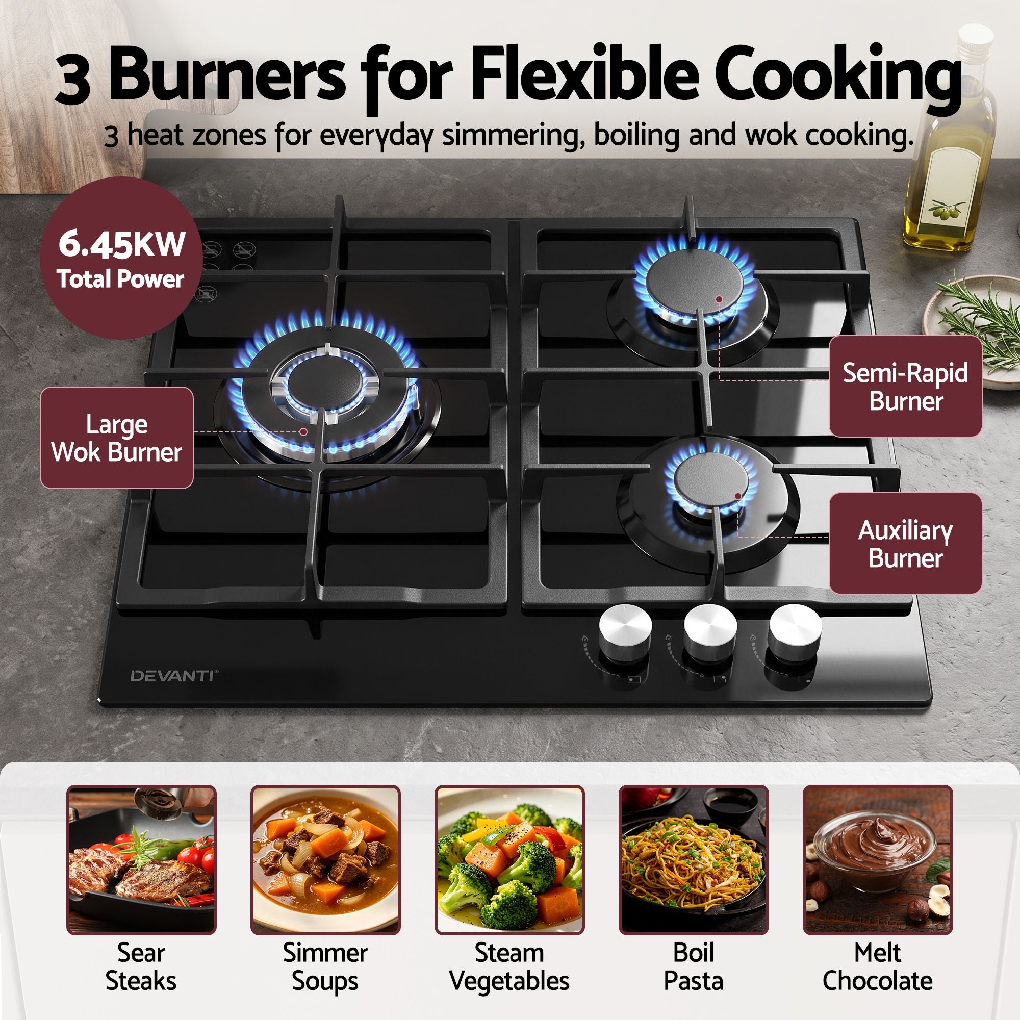 Devanti 59cm Gas Cooktop 3 Burner Knob Control Glass Hob Cast Iron Black