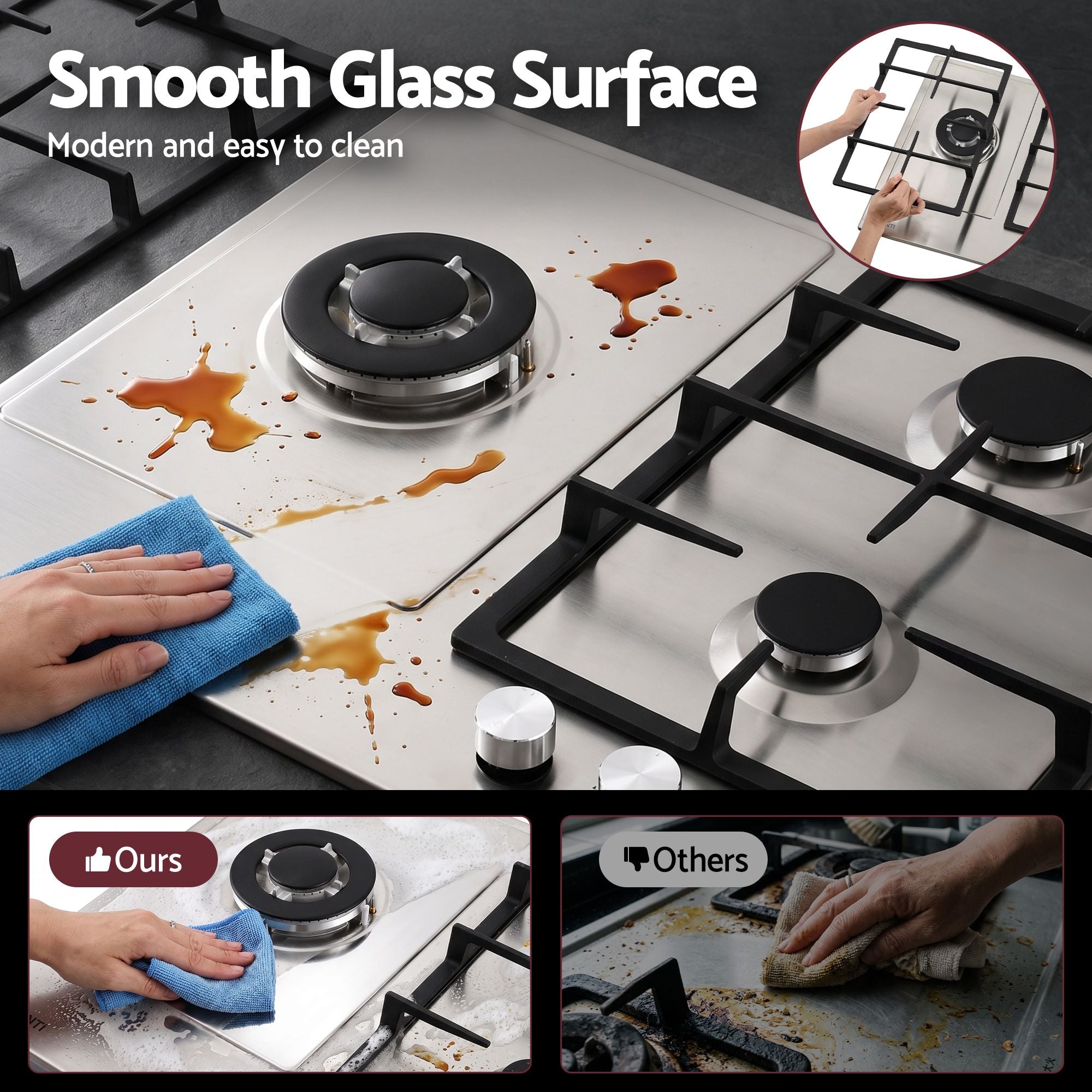 Devanti 59cm Gas Cooktop 3 Burner Knob Control Stainless Steel Hob Silver