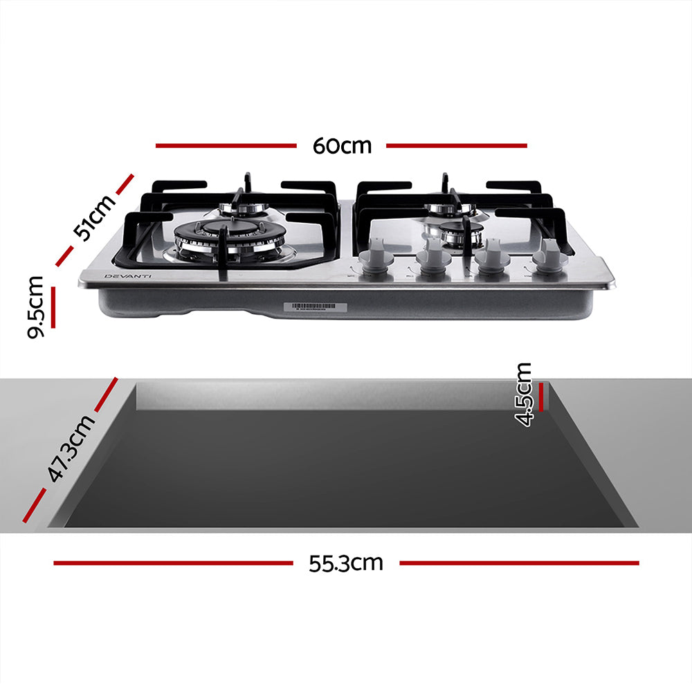 Devanti 60cm 4 Burner Gas Cooktop Stainless Steel Silver