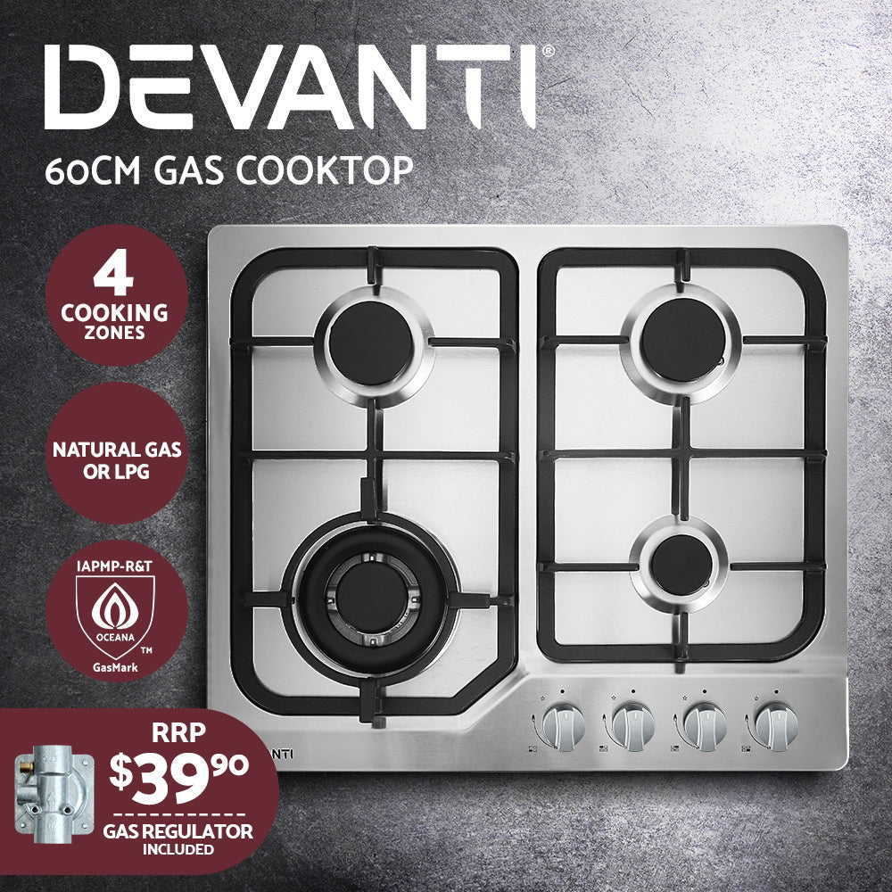 Devanti 60cm 4 Burner Gas Cooktop Stainless Steel Silver